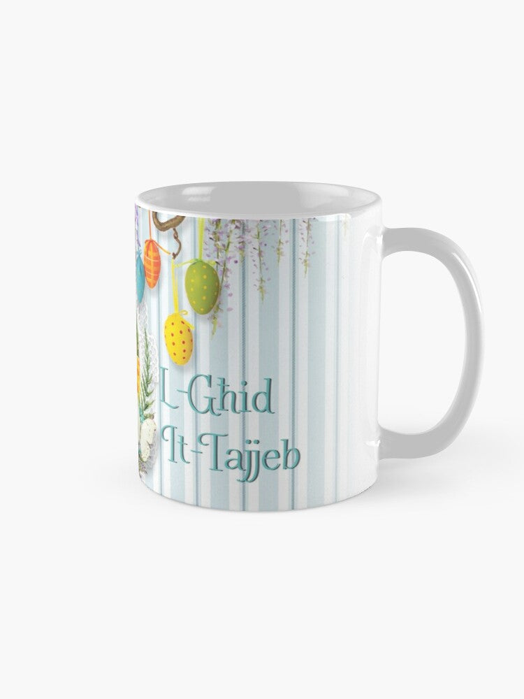 Mug tal-Għid fuq sfond bir-rigi u bil-flieles,fjuri u bajd tal-Għid