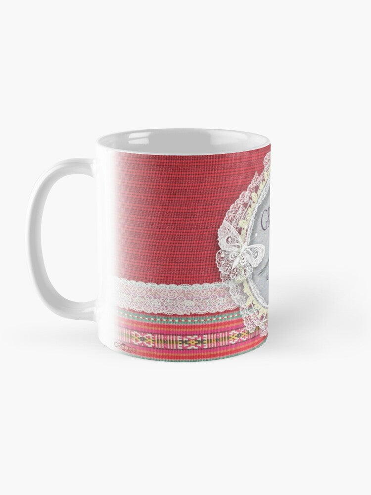 Mug ta' Ringrazzjament għal-Mara fuq sfond aħmar