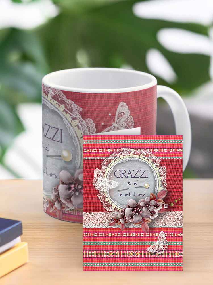 Mug ta' Ringrazzjament għal-Mara fuq sfond aħmar