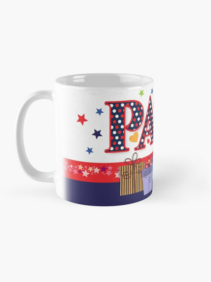 Mug for father (on a blue and red background and with gifts)