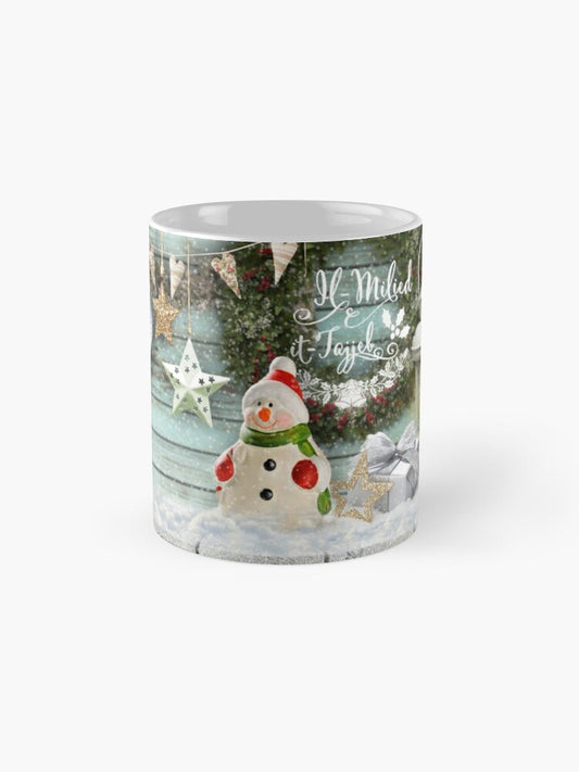 Christmas mug (with a snowman on a wooden background)